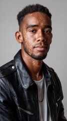 Portrait of a Black man with vitiligo wearing a stylish black leather jacket and looking directly at the camera 