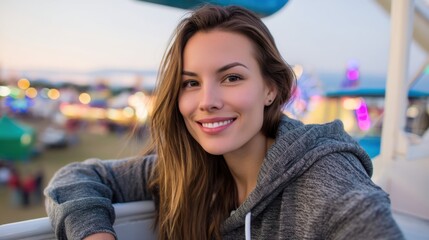 Portrait of a young woman smiling and enjoying a sunset ride on the Ferris wheel at twilight, with vibrant colors 
