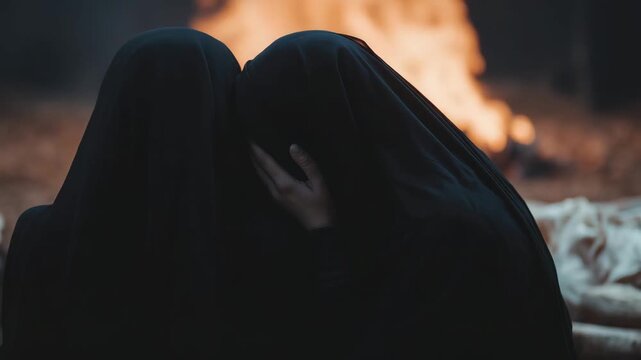 seated close together, prayer moment, pyre glowing, symmetrical composition, subdued emotional tone 4K