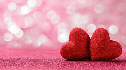 Obraz premium Two red hearts on a pink sparkling background, with soft bokeh lighting, romantic decorative design elements, perfect for Valentine's Day celebration