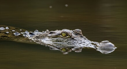 Fototapeta premium Close-up view of a crocodile floating quietly in calm water with eyes visible above the surface. Natural wildlife behavior captured in a peaceful aquatic environment, suitable for nature and animal co