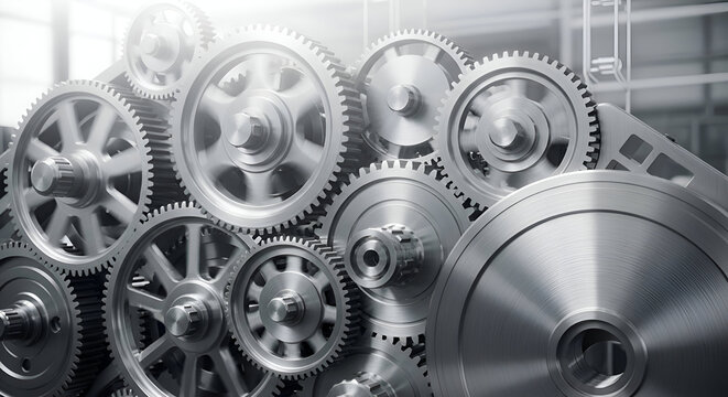 Close-up of Interlocking Metal Gears and Cogs in a Complex Industrial Machine System.