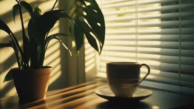 Coffee cup and saucer resting on a wooden surface next to houseplants, illuminated by warm sunlight filtering through window blinds, creating striped patterns