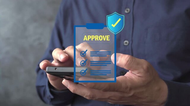 Close-up of businessman using smartphone with approve checklist, shield security icon and money symbols. Concept of fintech payment approval, invoice verification, compliance and secure transactions.