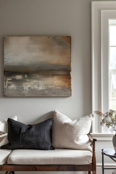 An abstract painting hangs on the living room wall, with soft lighting focused on the artwork