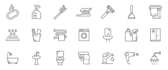 Fototapeta premium Bathroom icon set. Linear style. Editable stroke. Vector