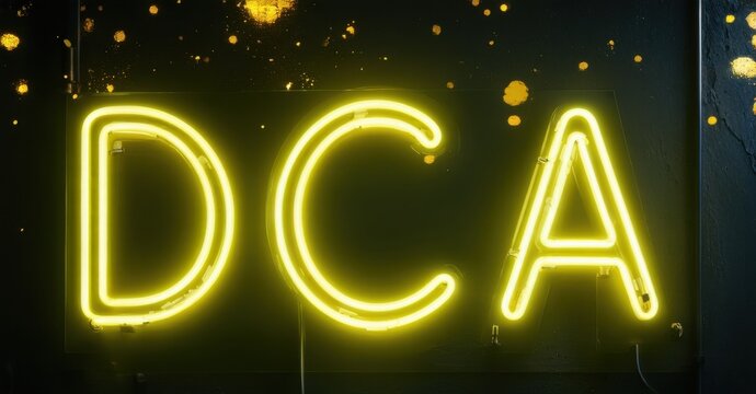 Bright neon sign displays letters DCA. Dark background enhances glowing illumination. Minimalist design, modern aesthetic.
