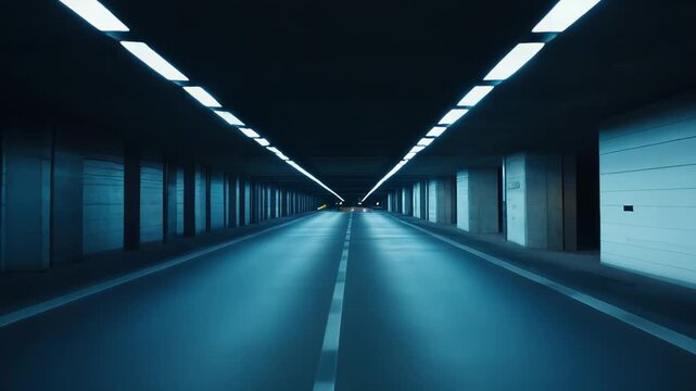 Tunnel interior view with cool blue lighting, driving forward on a clear road with white markings, representing concepts of future, progress, and journey
