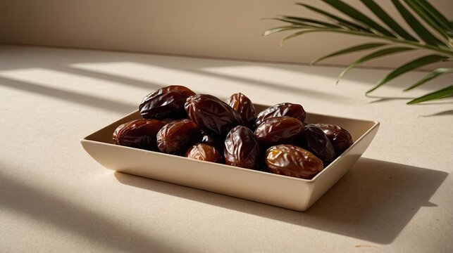 Minimalist Ramadan Dates in White Box with Palm Leaf Shadow