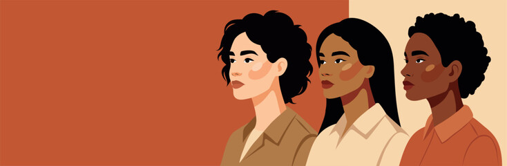 Women's Day, March 8. Vector illustration with space for text women of different cultures, nationalities together. Beige palette. Feminism, freedom. Movement for gender equality, women's empowerment