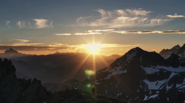 Sunrise mountain silhouette hiker on summit ridge, alpine landscape glowing with sunburst over snowy peaks, dramatic dawn sky, hope renewal