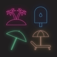 Neon Summer Icons Set Featuring Palm Tree, Popsicle, Beach Umbrella And Sun Lounger For Vacation Advertising