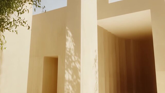 Rendered abstract scene showcasing clean lines, product display pedestals, and a small tree, creating a serene environment with natural light and shadow patterns