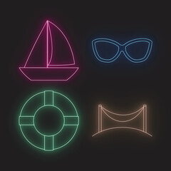 Neon Summer Icons Set Featuring Sailboat, Sunglasses, Lifepreserver And Beach Chair For Vacation Concepts