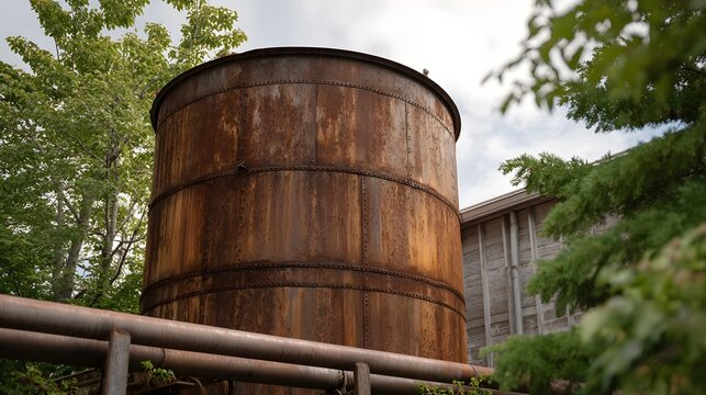 A large rusty cylindrical industrial tank sits beside pipes with trees and a building in the background under a cloudy sky