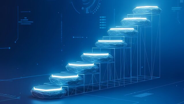 Ascending series of digital podiums illustrates technological progress, presenting tiered achievement levels against a dark blue background.