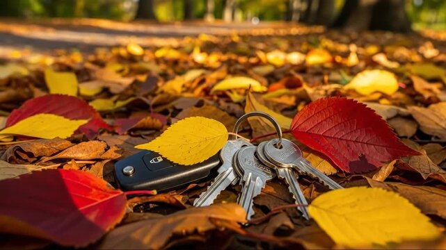 Autumn keys found in vibrant leaf pile under sunlit treelined pathway
