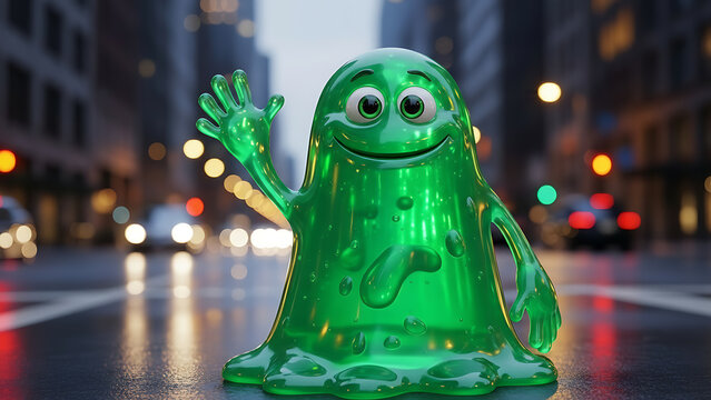 Friendly green slime monster character waving hello on a wet city street at dusk, with blurred car lights in the background.