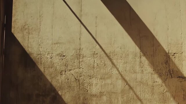 Sunlight illuminating an empty rustic room, creating abstract patterns of light and shadow on the worn plaster wall and tiled floor, highlighting texture and depth