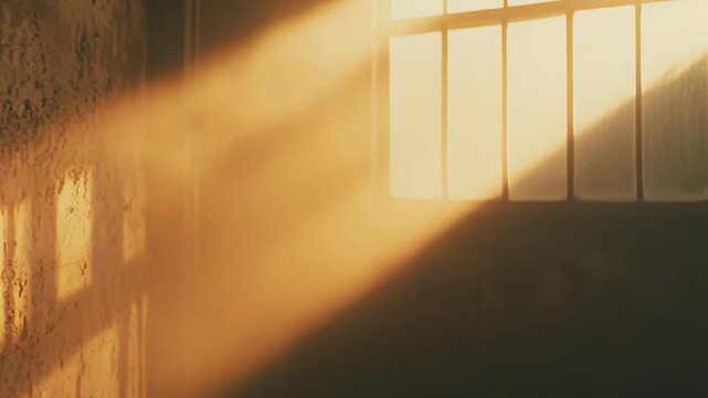 Sunbeam shining through an old window with parallel bars, casting a warm glow onto the textured wall, symbolizing hope, freedom, and a new beginning in a dusty, dark room