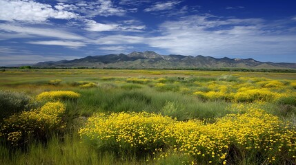 Fototapeta premium Early Spring Fields with Fresh Grass Blooming Yellow Flowers and Distant Mountains 