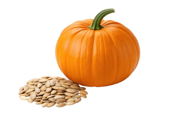 Orange pumpkin and pile of seeds isolated on transparent background