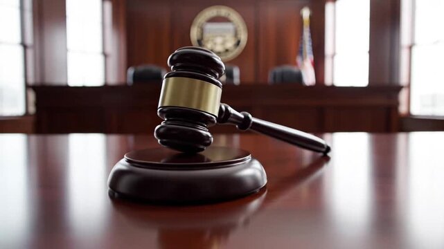 Empty courtroom with gavel on wooden desk in judicial setting for legal proceedings