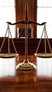 empty courtroom with balanced scales of justice placed on wooden table in front of large windows