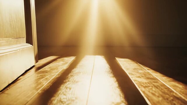 Golden light rays shining through a slightly open door illuminate a rustic wooden floor, creating striking shadows and a warm, inviting glow evoking mystery and opportunity