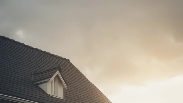 Residential building roof with a dormer window seen from a low angle, featuring dark architectural shingles providing protection under an overcast sky with subtle light breaking through