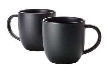 Two matte black coffee mugs isolated on transparent background
