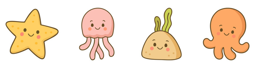 Obraz premium Cute Sea Creatures Characters Set Cartoon Illustration in Flat Style