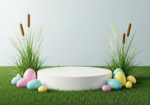 Easter eggs and floral arrangement on grassy lawn with white pedestal