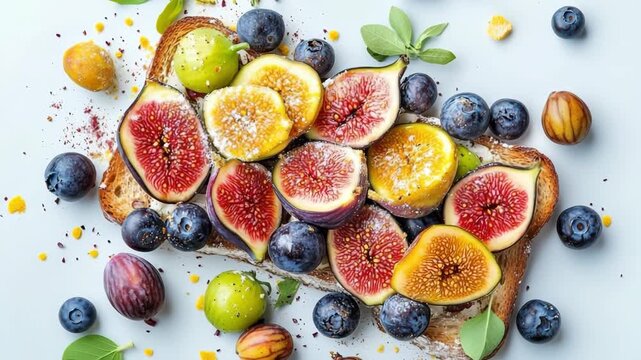 Fresh fig and berry toast delight on white background with vibrant colors and textures