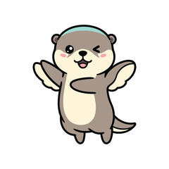 Fototapeta premium Cute cartoon otter with blue headband raising arms in a cheerful pose animal brown