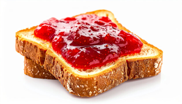 Toast bread with strawberry jam, tasty sweet food for breakfast, isolated on white, delicious and fresh.