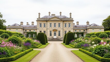 Fototapeta premium Large luxurious estate house with beautiful garden and pathway to entrance