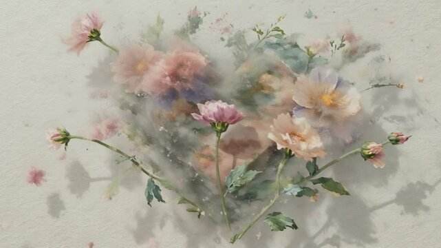 A beautiful grunge background features pink spring blossoms and wild purple flowers blooming in water and snow, capturing the abstract beauty of floral nature across every season