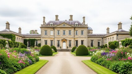 Obraz premium Large luxurious english country estate house with beautiful garden and flower beds in bloom