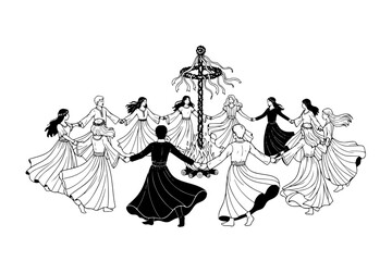 Summer Solstice Midsummer Festival Silhouette Vector, Group of People Dancing in Nature, Pagan Holiday Celebration and Ethereal Seasonal Graphic