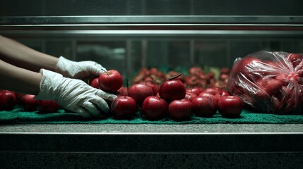 Red tomatoes in market refrigeration with gloved hands for clean hygiene-focused food storage retail visuals