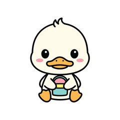 Cute cartoon duckling with a colorful cup and blush cheeks yellow orange