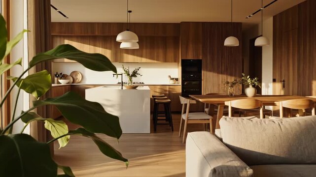 Modern kitchen and living room with wooden accents and large plant in a pot on the floor