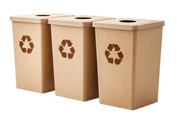 Three cardboard recycling bins with recycle symbol isolated on transparent background