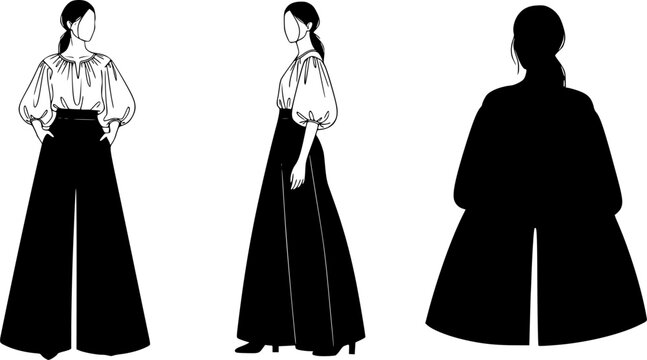 Boho Artisanal Fashion Woman Silhouette Vector, Folk Style Wide Sleeve Blouse and Gaucho Pants Graphic for Summer Apparel and Lifestyle Design