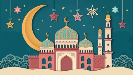 Fototapeta premium Vibrant mosque under starry night sky with crescent moon