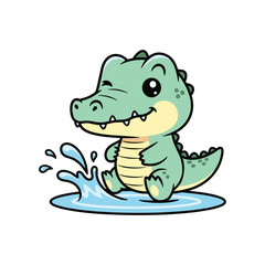 Fototapeta premium Cute green cartoon crocodile splashing in water with a happy expression yellow