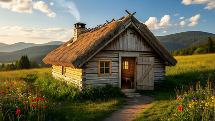 Obraz premium Charming Rustic Log Cabin with Thatched Roof in a Wildflower Meadow at Sunset