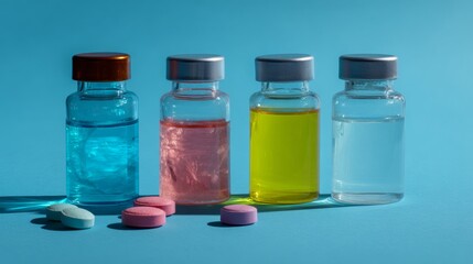 Small laboratory bottles with colored liquid on blue background for pharmaceutical or chemistry product presentation concept