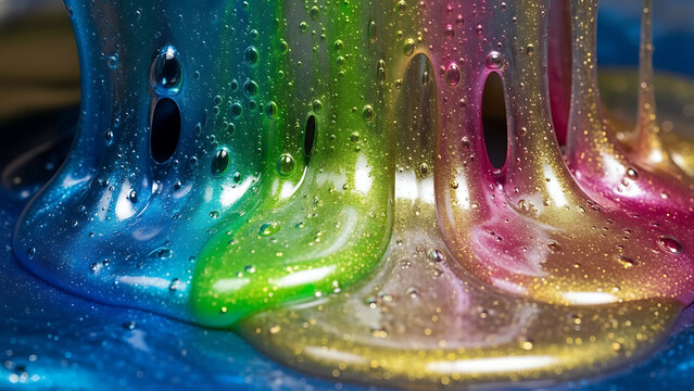 Close-Up of Dazzling Rainbow Glitter Slime with Bubbles in Abstract Shiny Surface